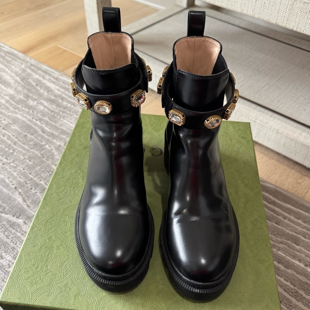 LIKE NEW Gucci Trip Embellished Block Heel Chelsea Boots, Size 38 - Picture 7 of 13
